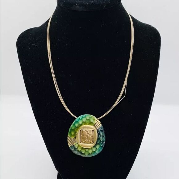 Vintage signed CHICO'S Gold Tone Large Multi Green Enamel Necklace 16-20" - Picture 2 of 6